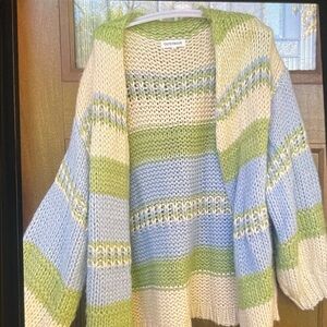 Women's Striped Sweater - Green, Blue, and Cream